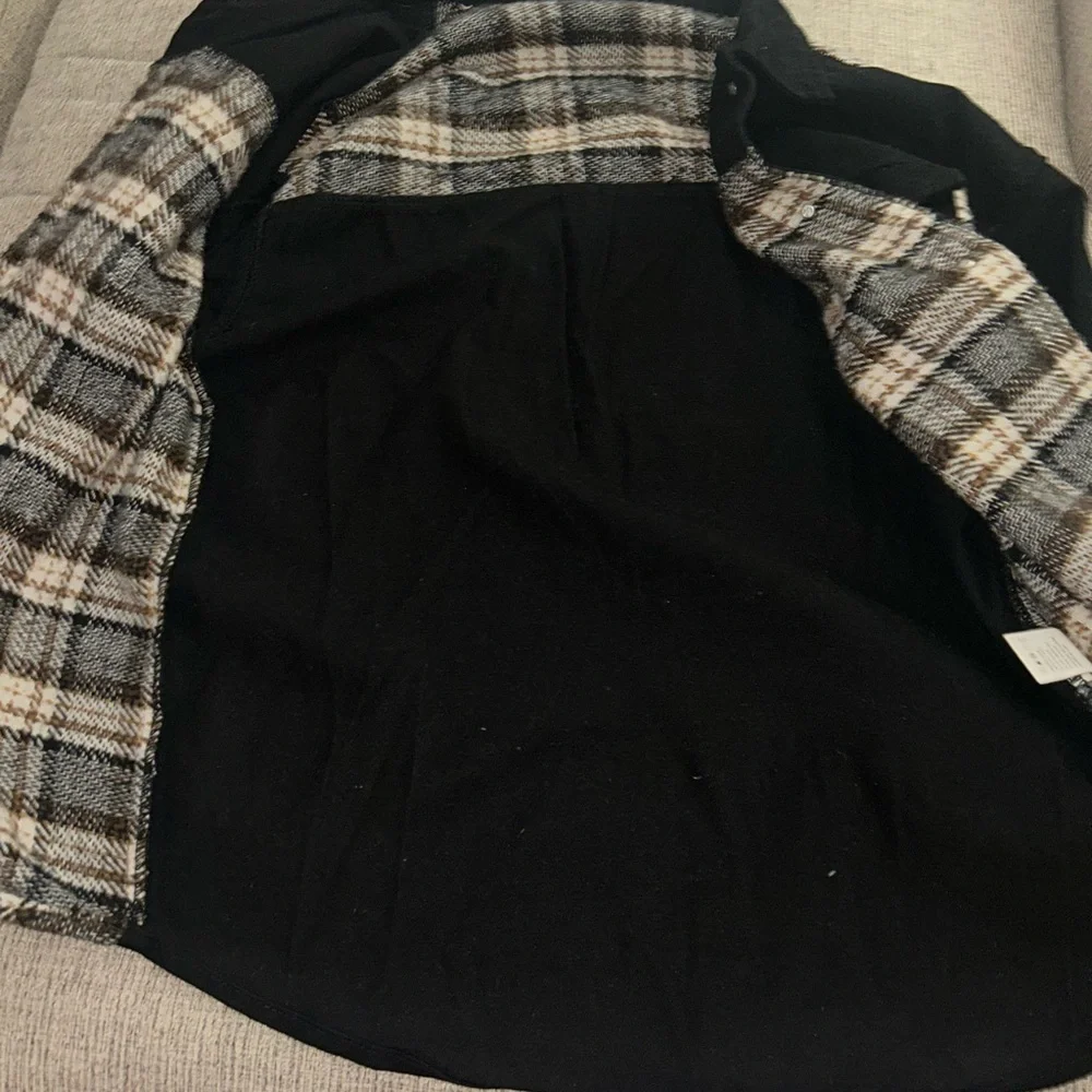 Plaid Button-Up Shacket with Black Sleeves - Picture 6 of 7
